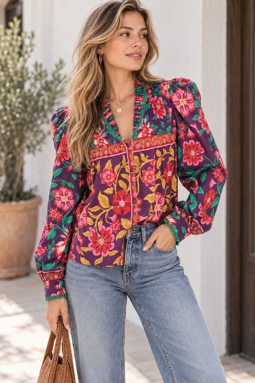 Alden Adair Oliver Top Medieval Floral Ruffle Neck Puff Sleeve Blouse XS